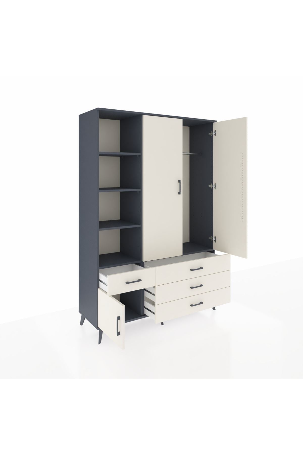 Hyperion Dolap 5 Raflı 4 Çekmeceli Tek Askılı 132x44x195 Antrasit-Aytaşı/Aytaşı