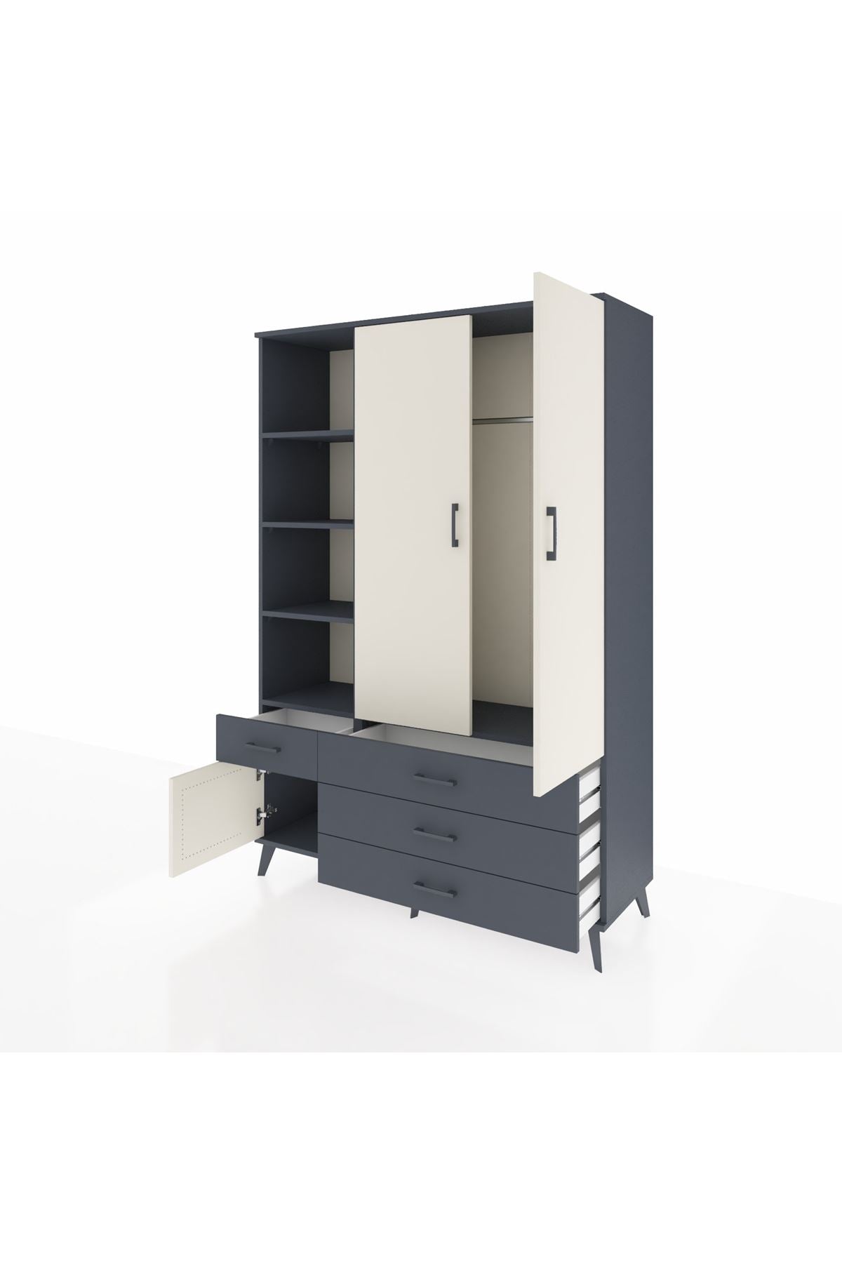 Hyperion Dolap 5 Raflı 4 Çekmeceli Tek Askılı 132x44x195 Antrasit-Aytaşı/Antrasit