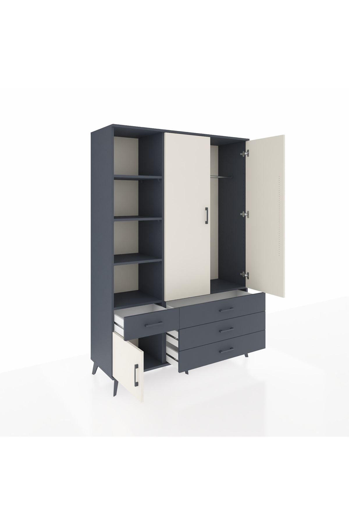 Hyperion Dolap 5 Raflı 4 Çekmeceli Tek Askılı 132x44x195 Antrasit-Aytaşı/Antrasit