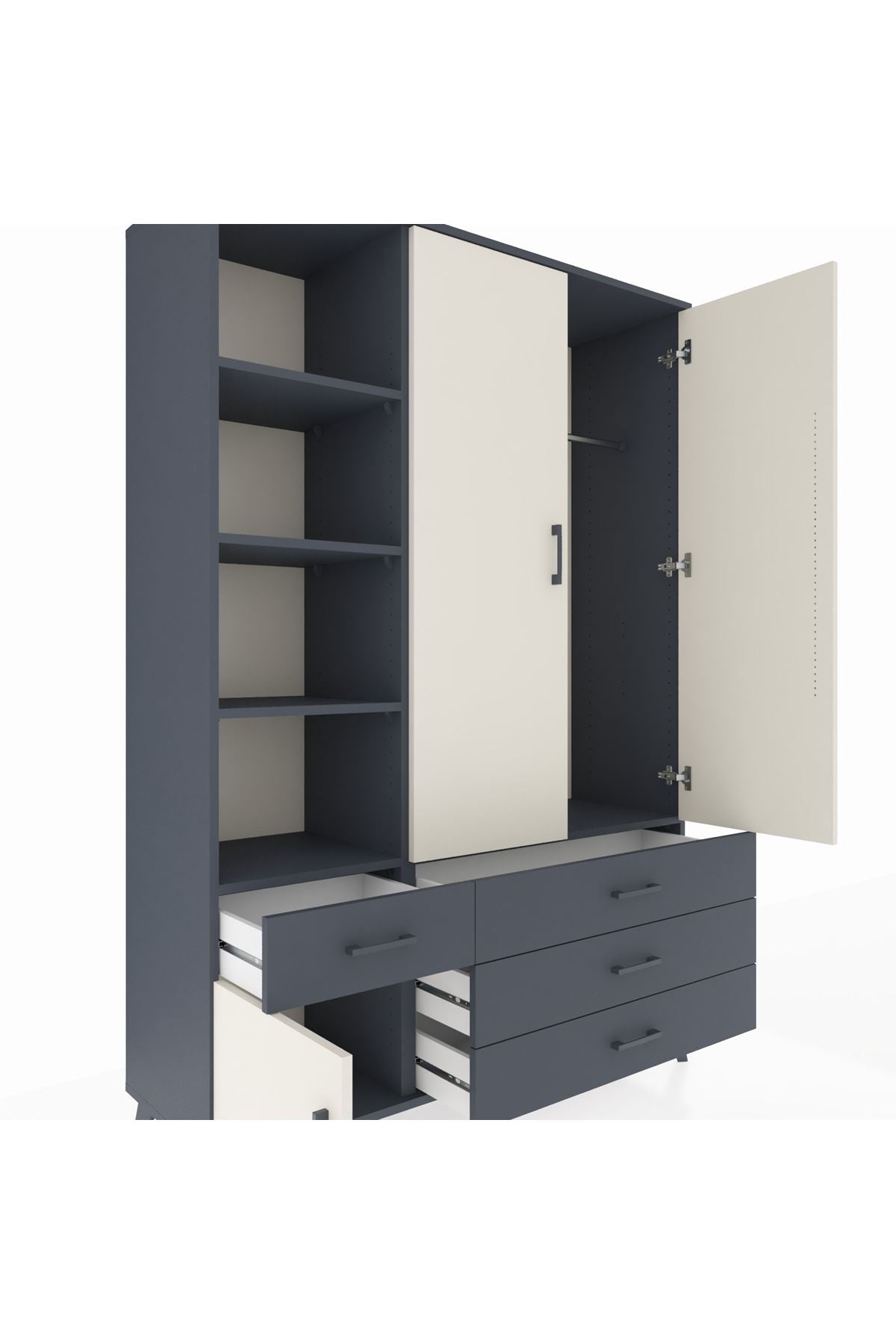 Hyperion Dolap 5 Raflı 4 Çekmeceli Tek Askılı 132x44x195 Antrasit-Aytaşı/Antrasit