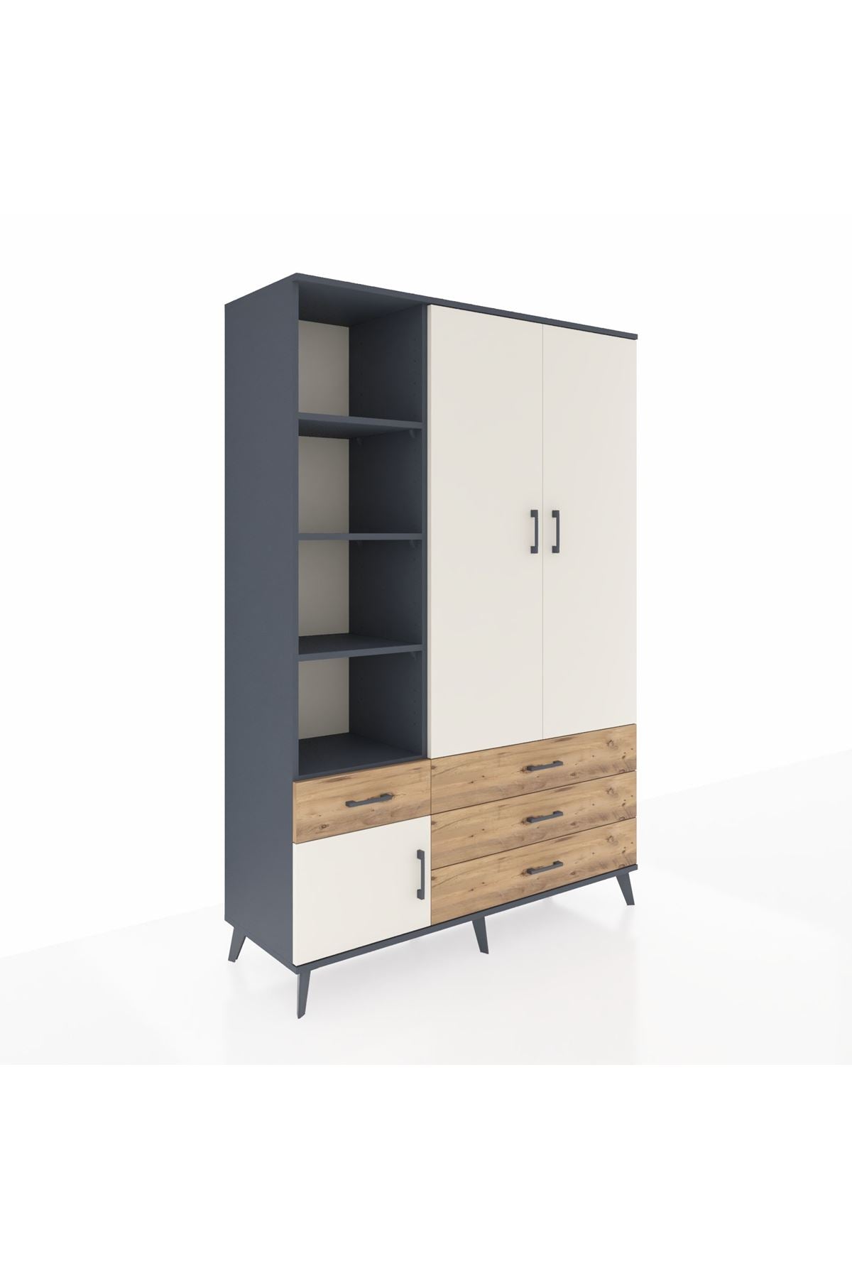 Hyperion Dolap 5 Raflı 4 Çekmeceli Tek Askılı 132x44x195 Antrasit-Aytaşı/Çam