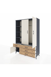 Hyperion Dolap 5 Raflı 4 Çekmeceli Tek Askılı 132x44x195 Antrasit-Aytaşı/Çam