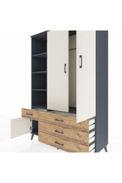 Hyperion Dolap 5 Raflı 4 Çekmeceli Tek Askılı 132x44x195 Antrasit-Aytaşı/Çam