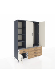 Hyperion Dolap 5 Raflı 4 Çekmeceli Tek Askılı 132x44x195 Antrasit-Aytaşı/Çam