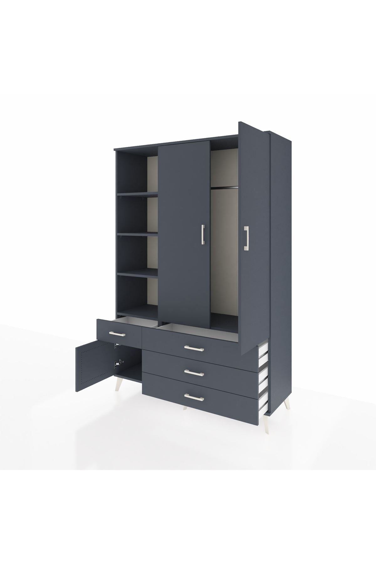 Hyperion Dolap 5 Raflı 4 Çekmeceli Tek Askılı 132x44x195 Antrasit-Antrasit/Antrasit