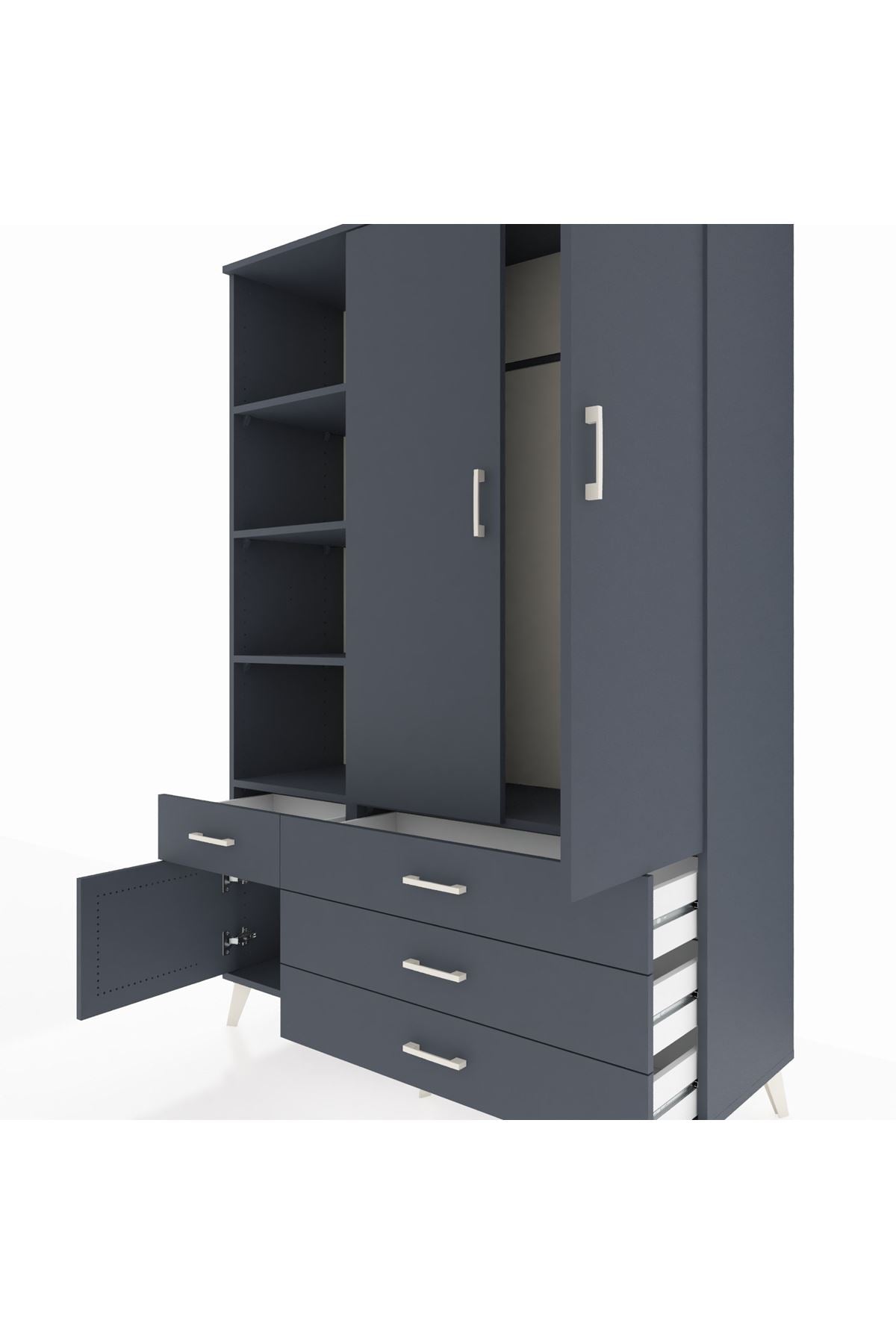 Hyperion Dolap 5 Raflı 4 Çekmeceli Tek Askılı 132x44x195 Antrasit-Antrasit/Antrasit
