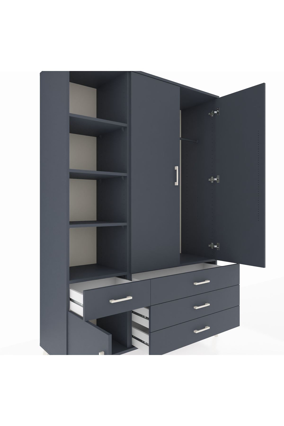 Hyperion Dolap 5 Raflı 4 Çekmeceli Tek Askılı 132x44x195 Antrasit-Antrasit/Antrasit
