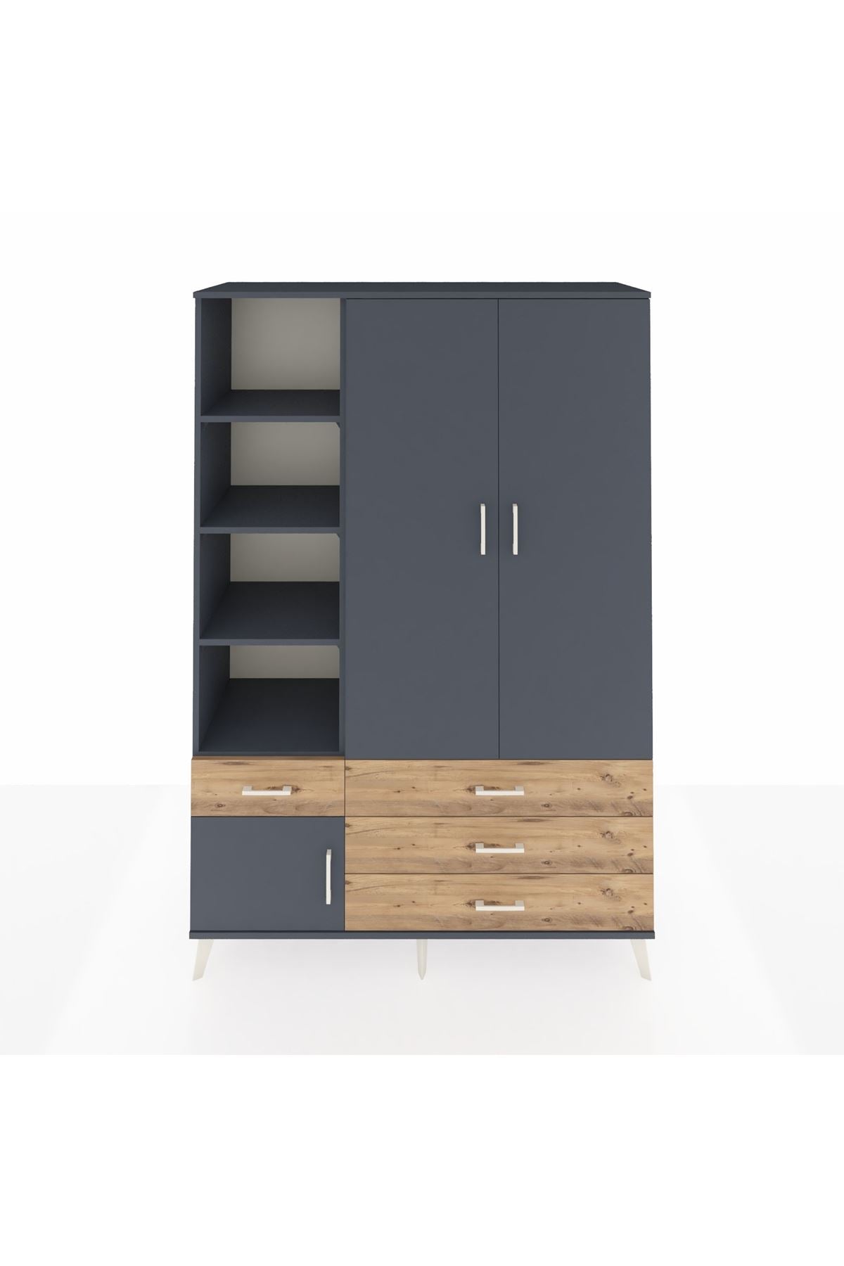 Hyperion Dolap 5 Raflı 4 Çekmeceli Tek Askılı 132x44x195 Antrasit-Antrasit/Çam