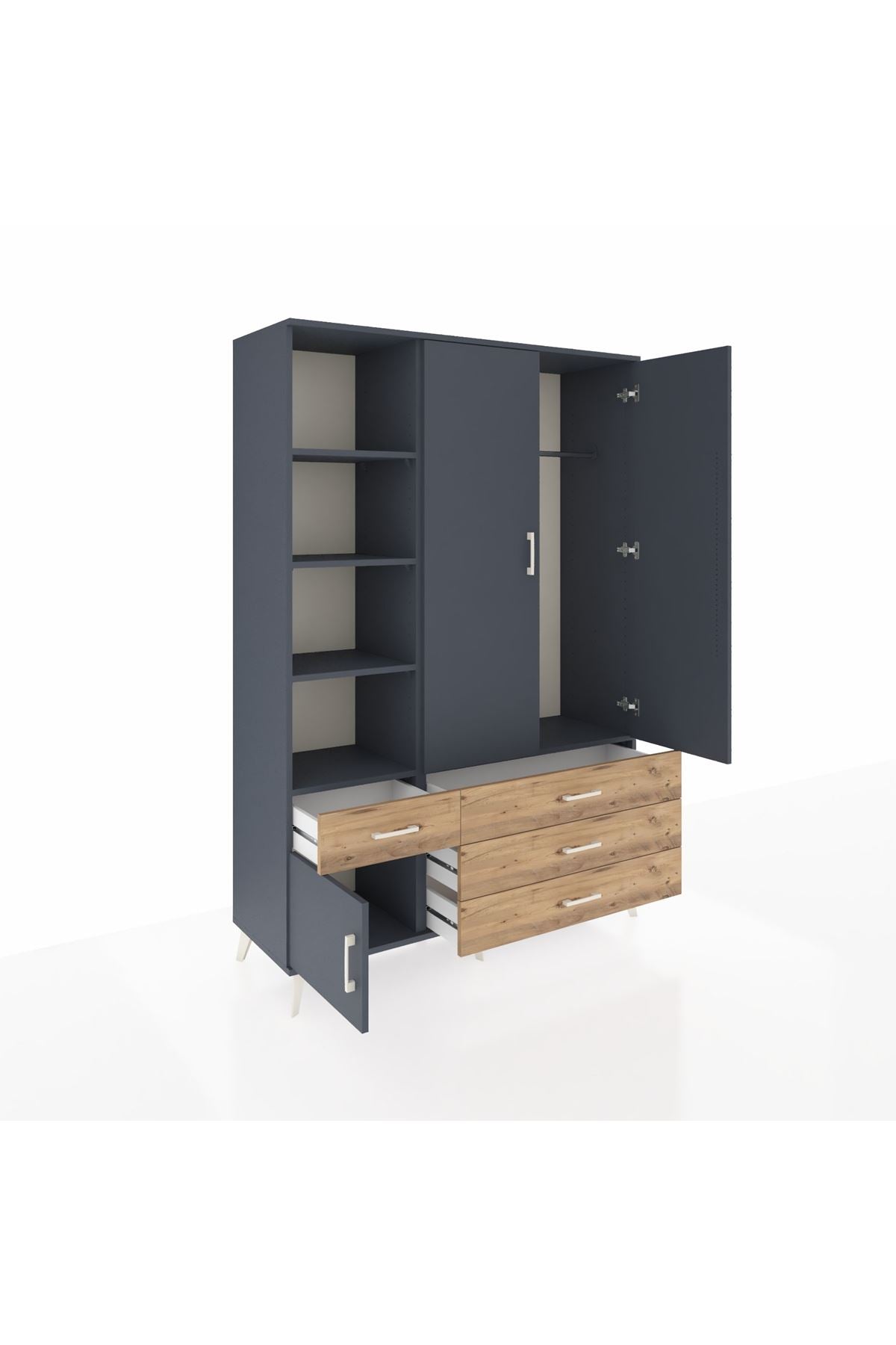 Hyperion Dolap 5 Raflı 4 Çekmeceli Tek Askılı 132x44x195 Antrasit-Antrasit/Çam