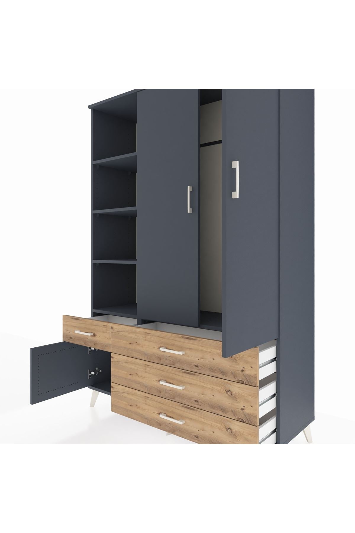 Hyperion Dolap 5 Raflı 4 Çekmeceli Tek Askılı 132x44x195 Antrasit-Antrasit/Çam