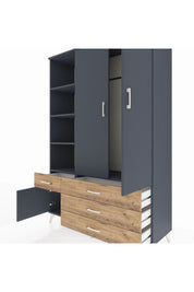 Hyperion Dolap 5 Raflı 4 Çekmeceli Tek Askılı 132x44x195 Antrasit-Antrasit/Çam