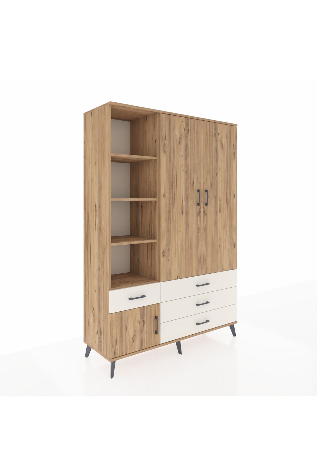 Hyperion Dolap 5 Raflı 4 Çekmeceli Tek Askılı 132x44x195 Çam-Çam/Aytaşı
