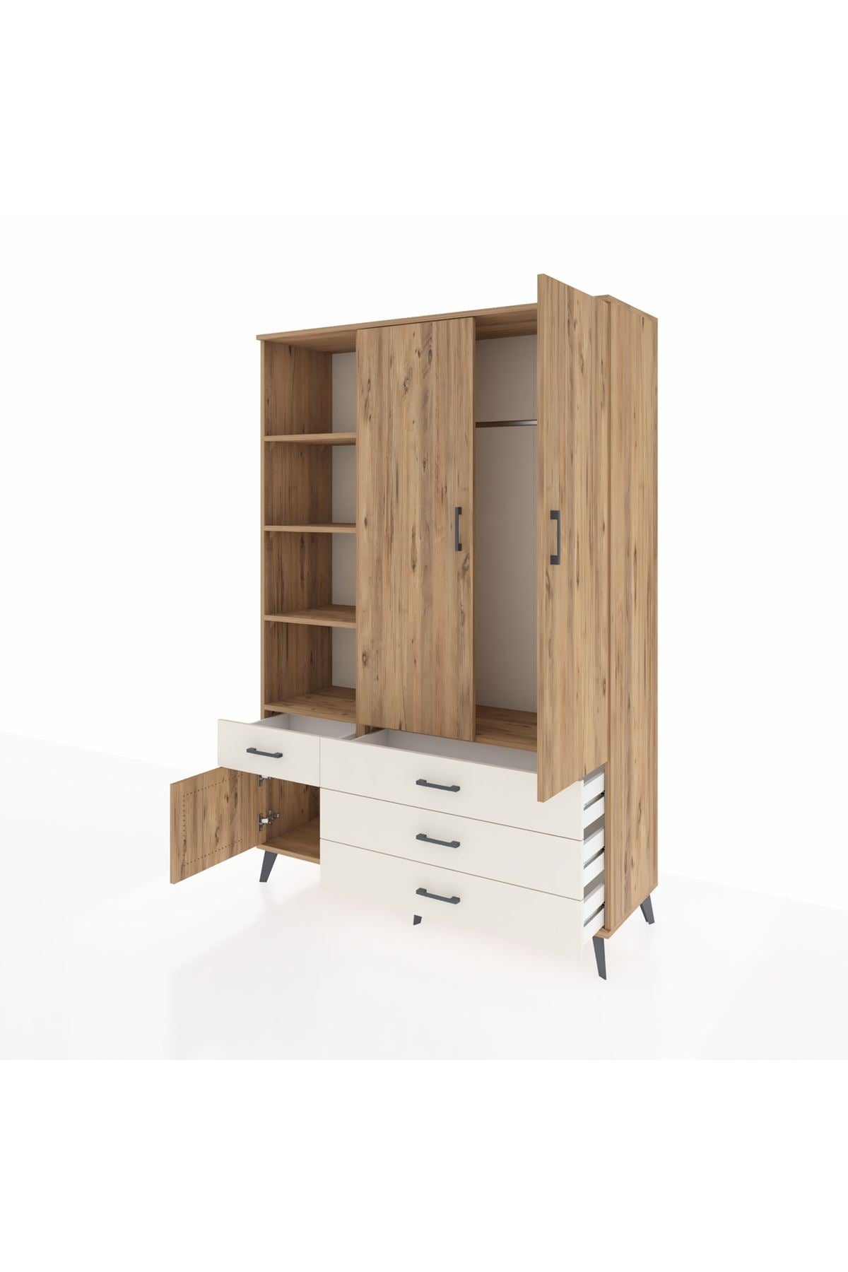 Hyperion Dolap 5 Raflı 4 Çekmeceli Tek Askılı 132x44x195 Çam-Çam/Aytaşı