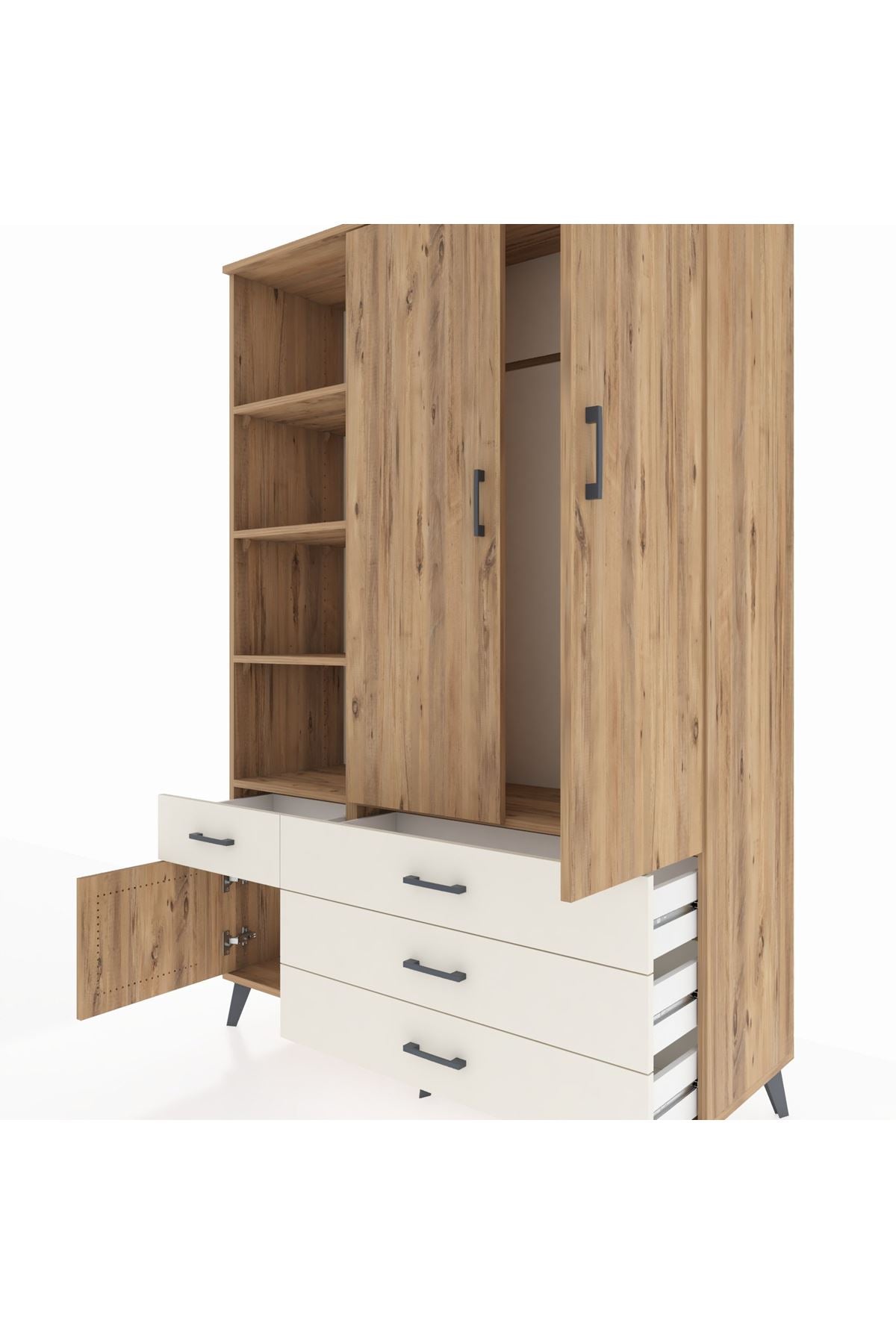 Hyperion Dolap 5 Raflı 4 Çekmeceli Tek Askılı 132x44x195 Çam-Çam/Aytaşı