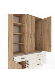 Hyperion Dolap 5 Raflı 4 Çekmeceli Tek Askılı 132x44x195 Çam-Çam/Aytaşı