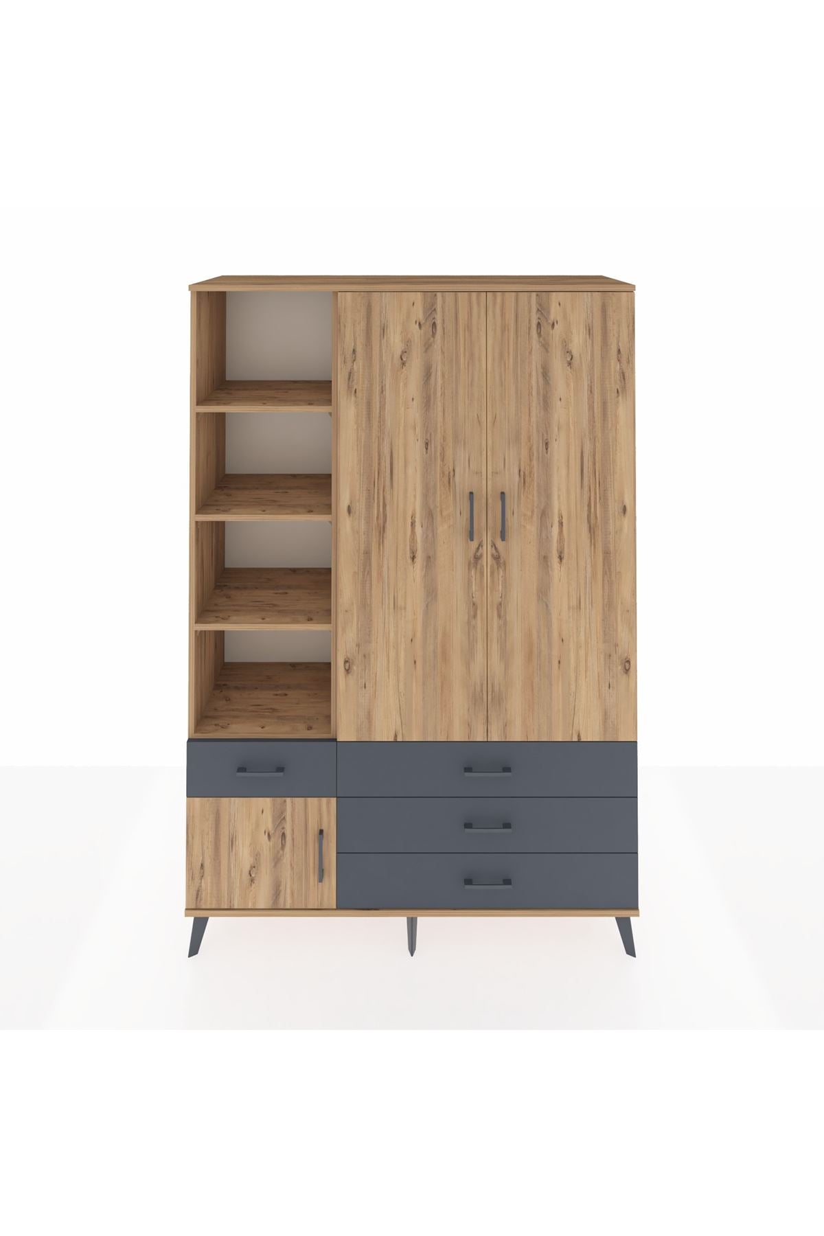 Hyperion Dolap 5 Raflı 4 Çekmeceli Tek Askılı 132x44x195 Çam-Çam/Antrasit