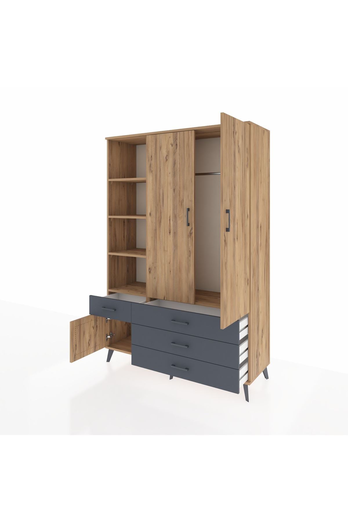 Hyperion Dolap 5 Raflı 4 Çekmeceli Tek Askılı 132x44x195 Çam-Çam/Antrasit