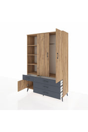 Hyperion Dolap 5 Raflı 4 Çekmeceli Tek Askılı 132x44x195 Çam-Çam/Antrasit