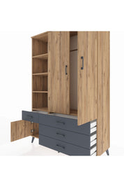 Hyperion Dolap 5 Raflı 4 Çekmeceli Tek Askılı 132x44x195 Çam-Çam/Antrasit