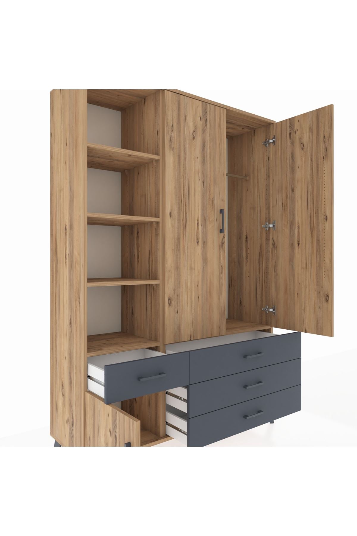 Hyperion Dolap 5 Raflı 4 Çekmeceli Tek Askılı 132x44x195 Çam-Çam/Antrasit