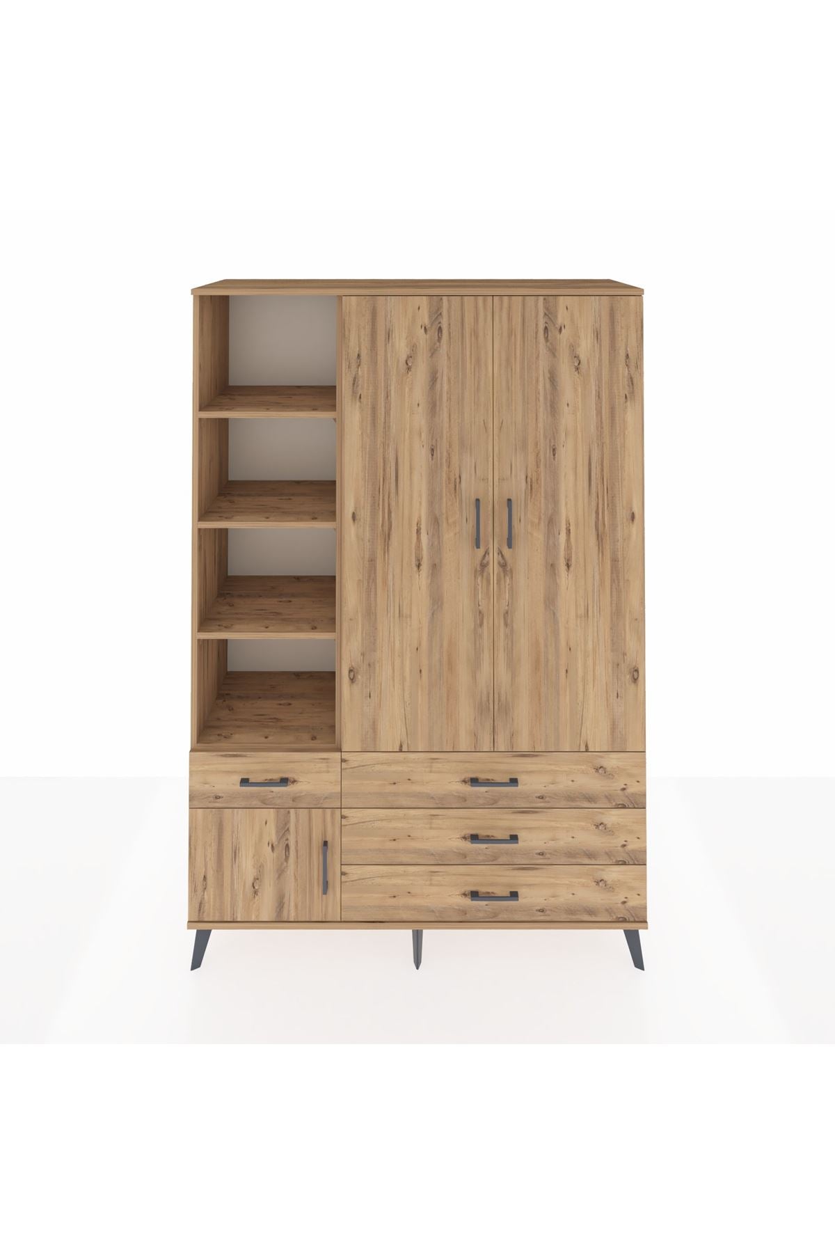 Hyperion Dolap 5 Raflı 4 Çekmeceli Tek Askılı 132x44x195 Çam-Çam/Çam