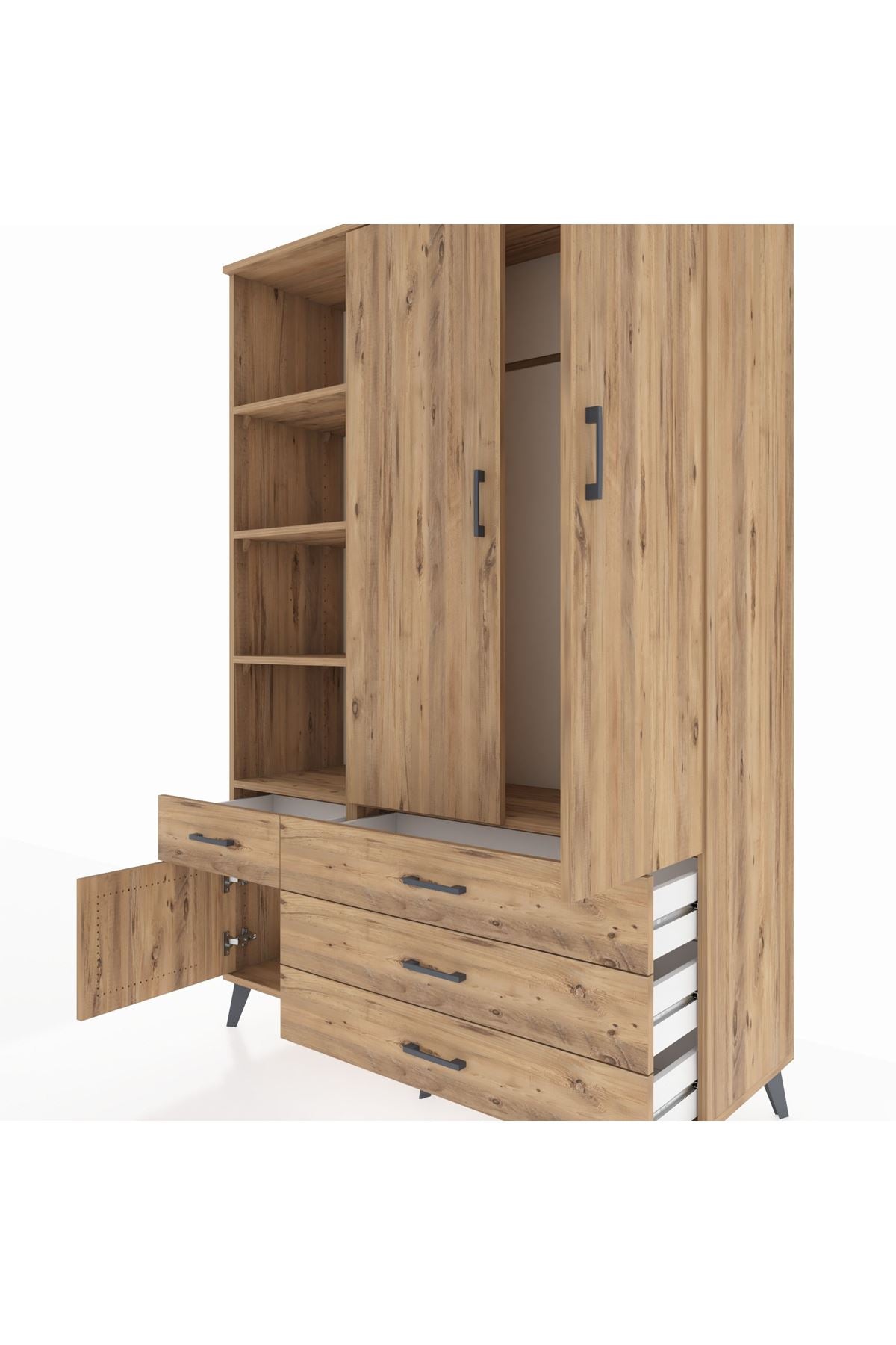 Hyperion Dolap 5 Raflı 4 Çekmeceli Tek Askılı 132x44x195 Çam-Çam/Çam