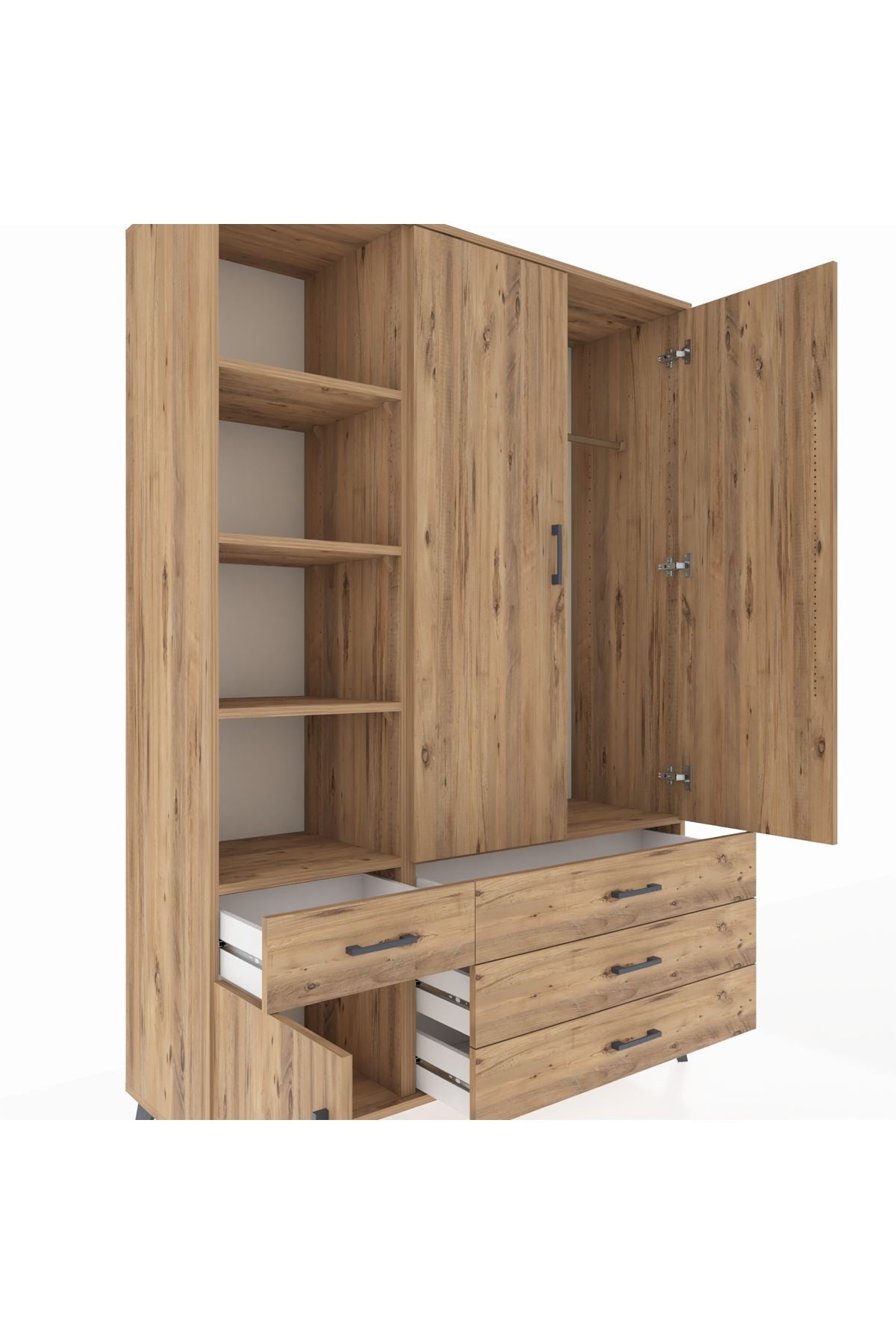 Hyperion Dolap 5 Raflı 4 Çekmeceli Tek Askılı 132x44x195 Çam-Çam/Çam