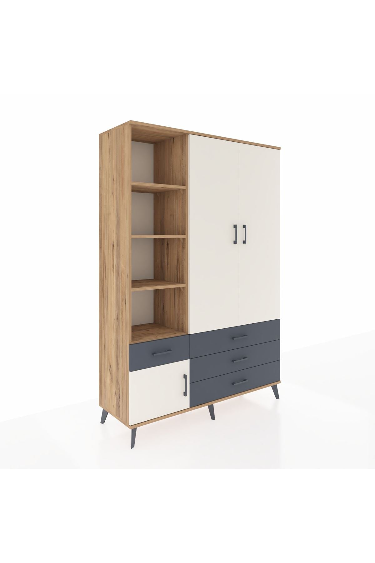 Hyperion Dolap 5 Raflı 4 Çekmeceli Tek Askılı 132x44x195 Çam-Aytaşı/Antrasit