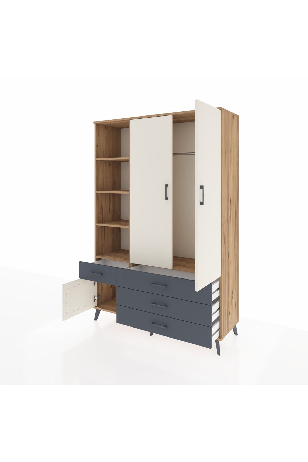 Hyperion Dolap 5 Raflı 4 Çekmeceli Tek Askılı 132x44x195 Çam-Aytaşı/Antrasit