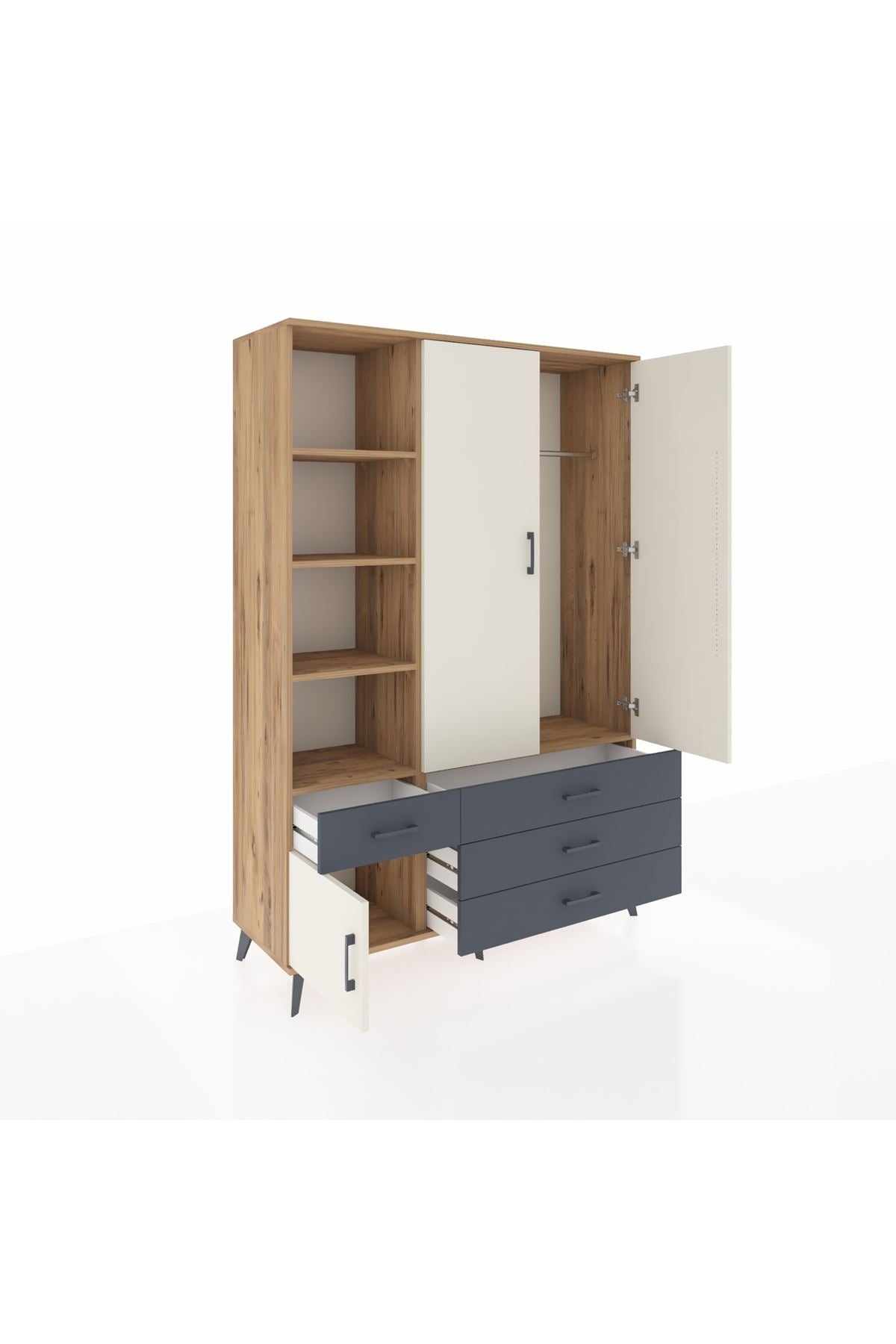 Hyperion Dolap 5 Raflı 4 Çekmeceli Tek Askılı 132x44x195 Çam-Aytaşı/Antrasit