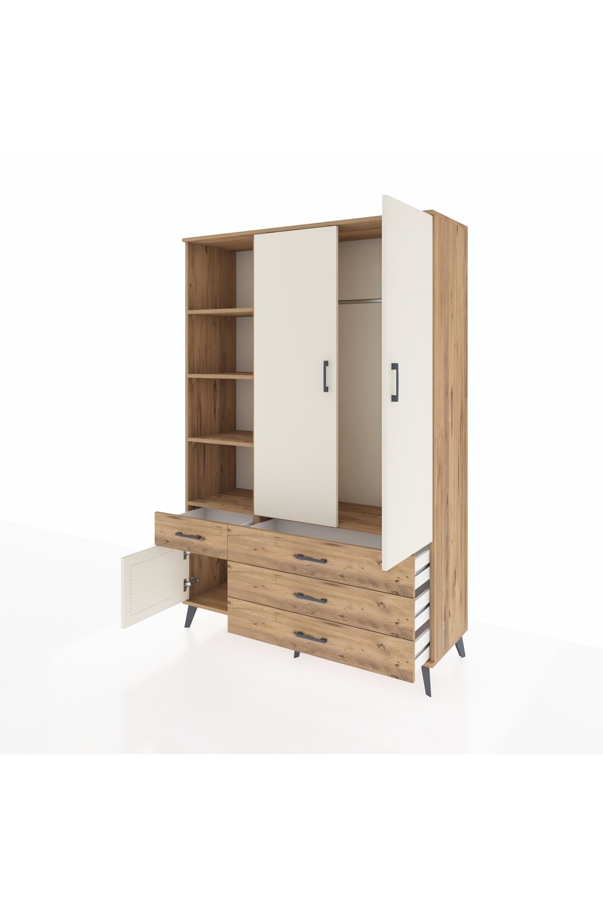 Hyperion Dolap 5 Raflı 4 Çekmeceli Tek Askılı 132x44x195 Çam-Aytaşı/Çam