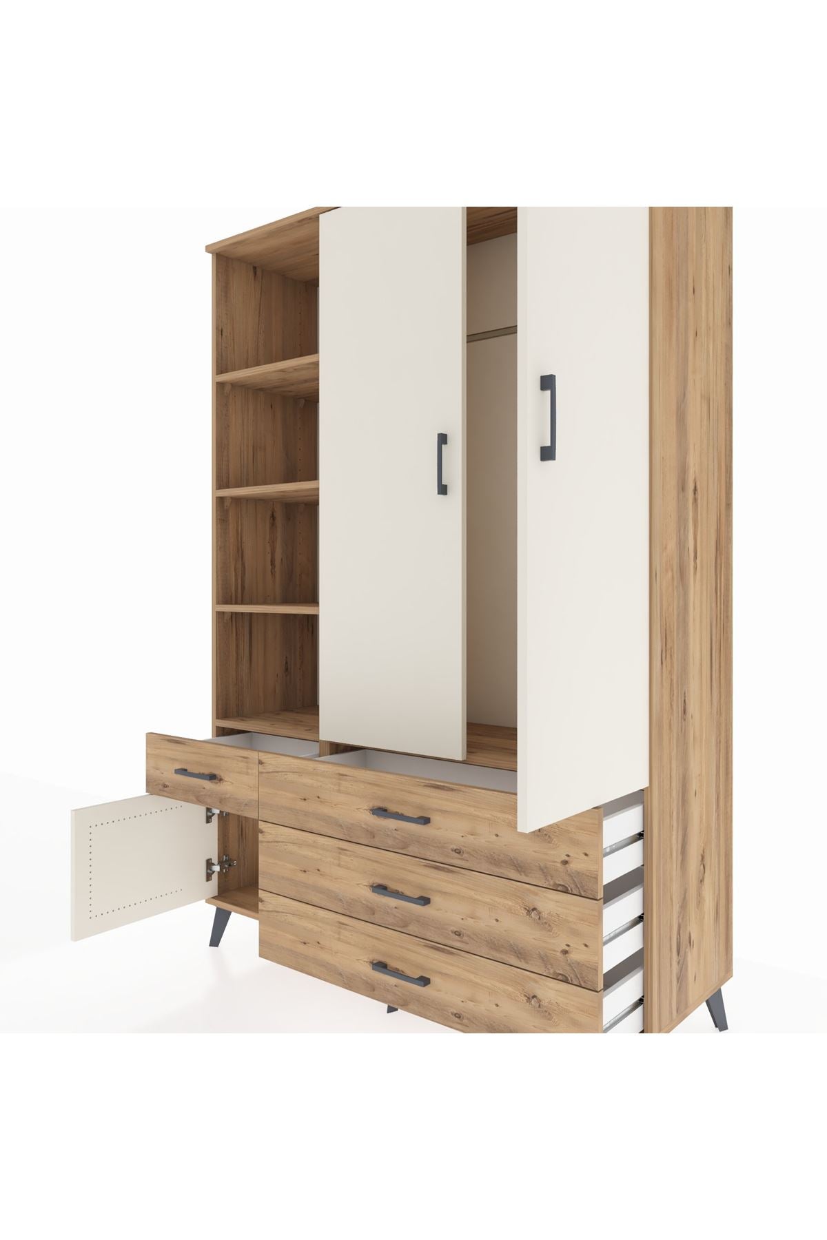 Hyperion Dolap 5 Raflı 4 Çekmeceli Tek Askılı 132x44x195 Çam-Aytaşı/Çam