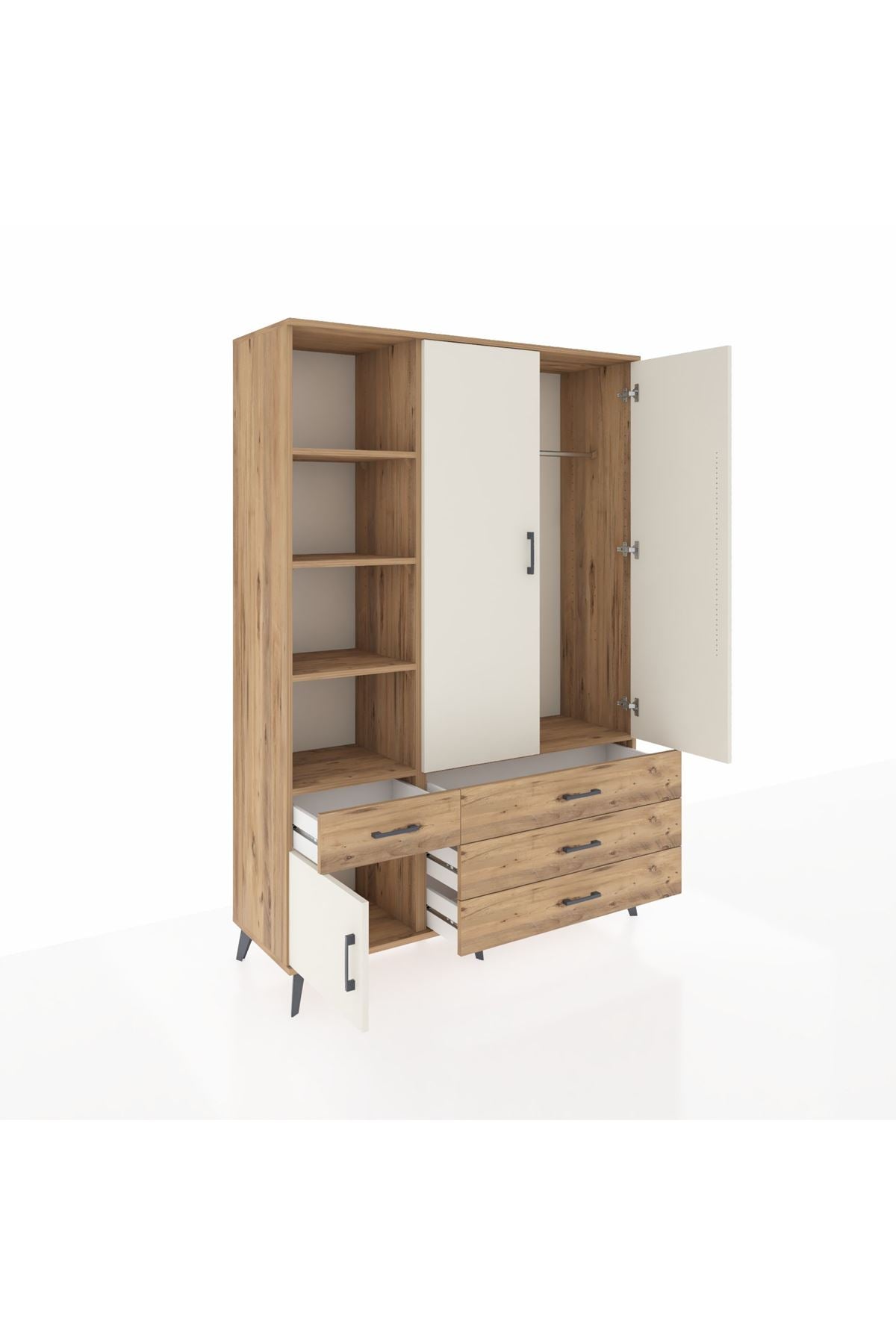 Hyperion Dolap 5 Raflı 4 Çekmeceli Tek Askılı 132x44x195 Çam-Aytaşı/Çam