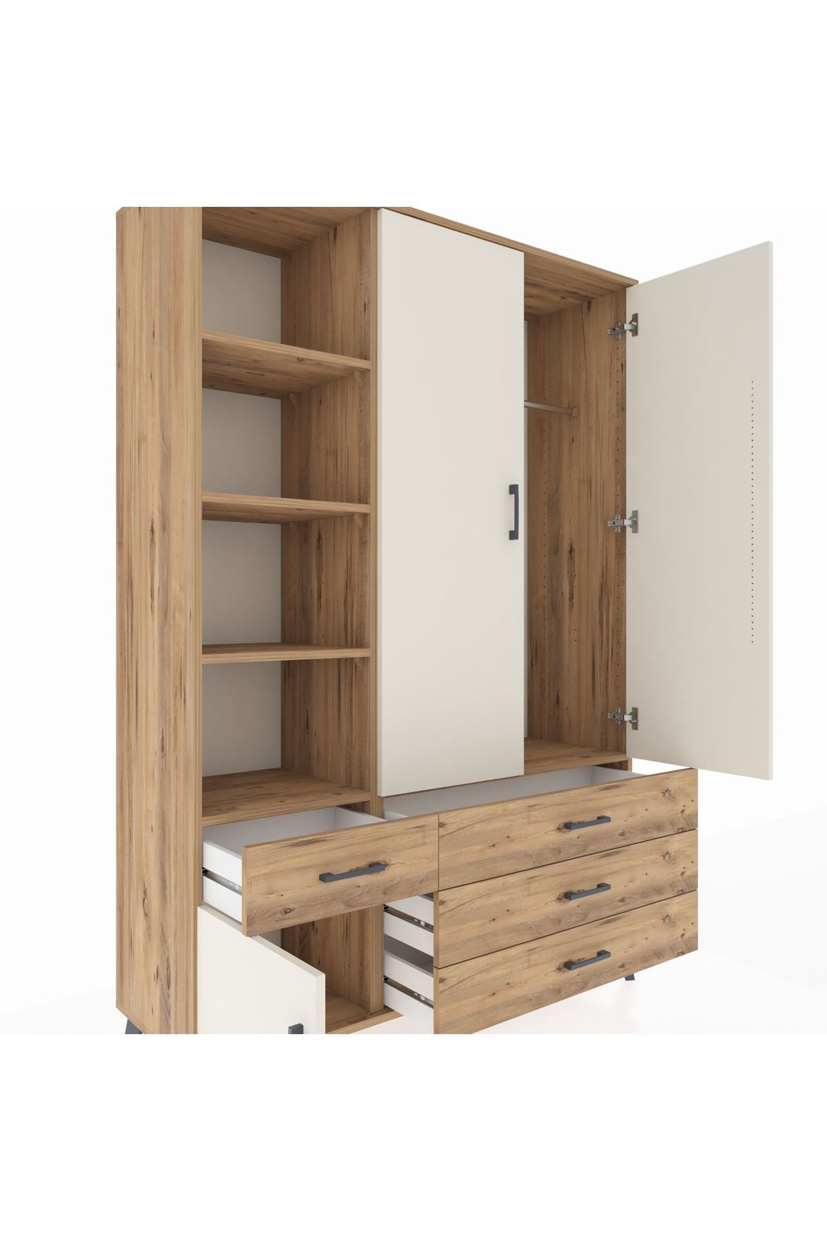 Hyperion Dolap 5 Raflı 4 Çekmeceli Tek Askılı 132x44x195 Çam-Aytaşı/Çam