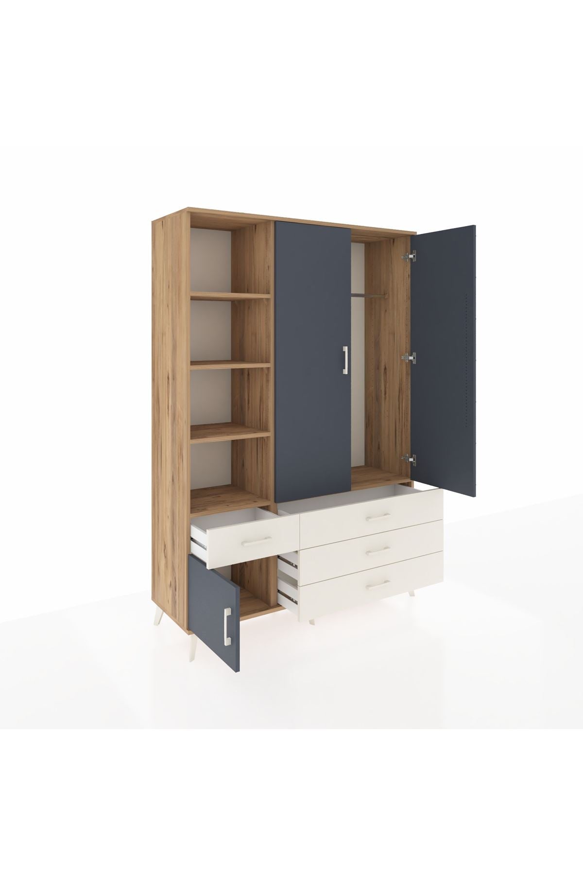 Hyperion Dolap 5 Raflı 4 Çekmeceli Tek Askılı 132x44x195 Çam-Antrasit/Aytaşı