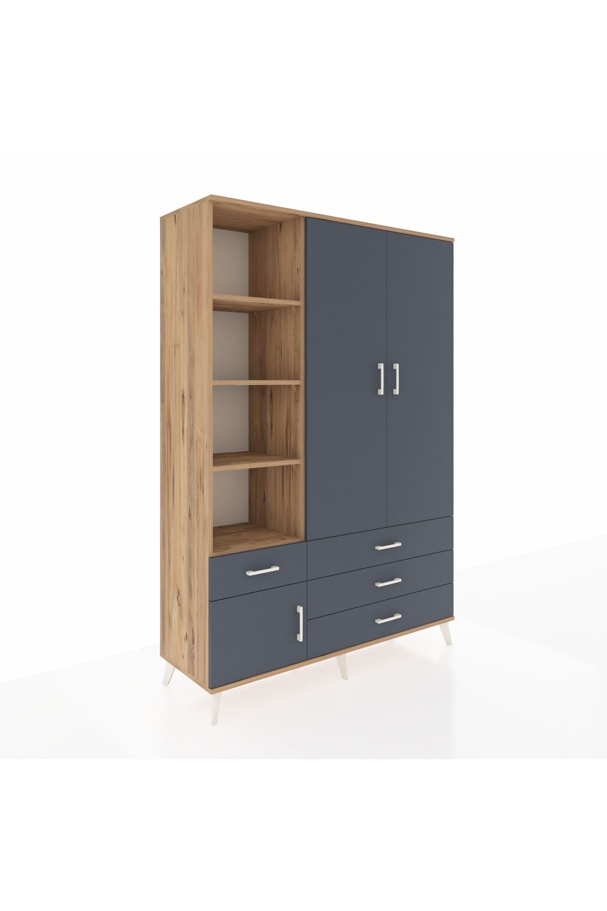 Hyperion Dolap 5 Raflı 4 Çekmeceli Tek Askılı 132x44x195 Çam-Antrasit/Antrasit