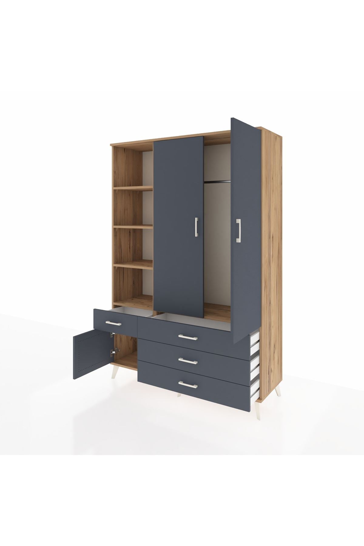 Hyperion Dolap 5 Raflı 4 Çekmeceli Tek Askılı 132x44x195 Çam-Antrasit/Antrasit