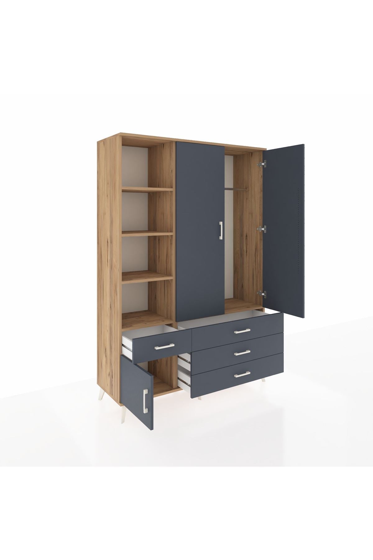 Hyperion Dolap 5 Raflı 4 Çekmeceli Tek Askılı 132x44x195 Çam-Antrasit/Antrasit