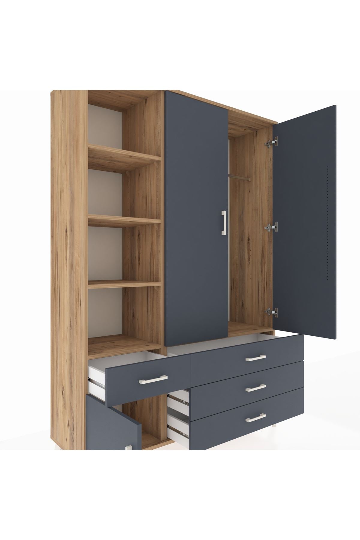 Hyperion Dolap 5 Raflı 4 Çekmeceli Tek Askılı 132x44x195 Çam-Antrasit/Antrasit