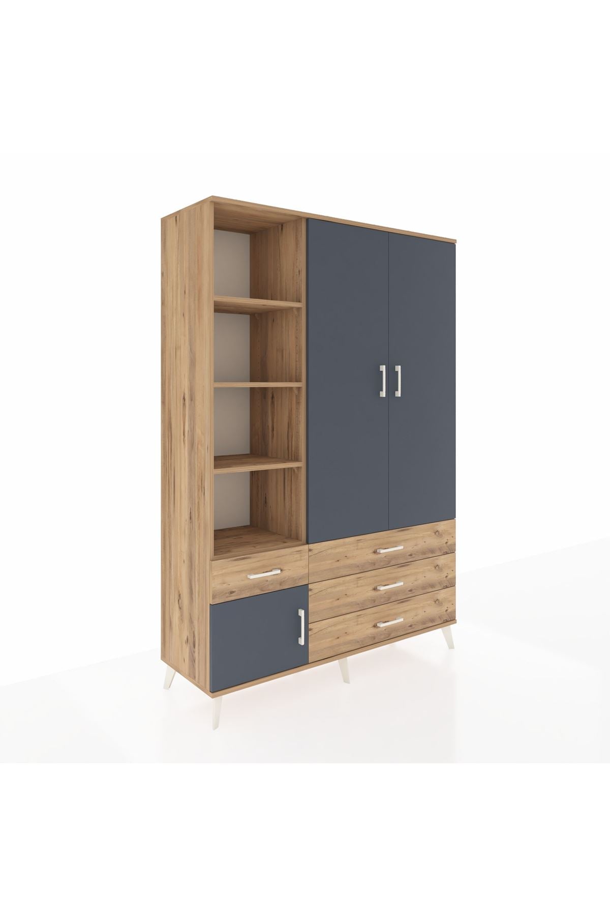 Hyperion Dolap 5 Raflı 4 Çekmeceli Tek Askılı 132x44x195 Çam-Antrasit/Çam