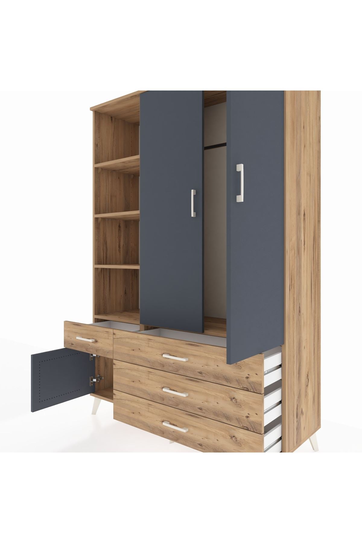 Hyperion Dolap 5 Raflı 4 Çekmeceli Tek Askılı 132x44x195 Çam-Antrasit/Çam