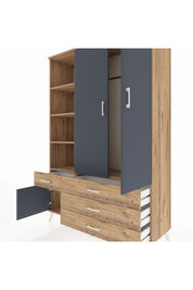 Hyperion Dolap 5 Raflı 4 Çekmeceli Tek Askılı 132x44x195 Çam-Antrasit/Çam
