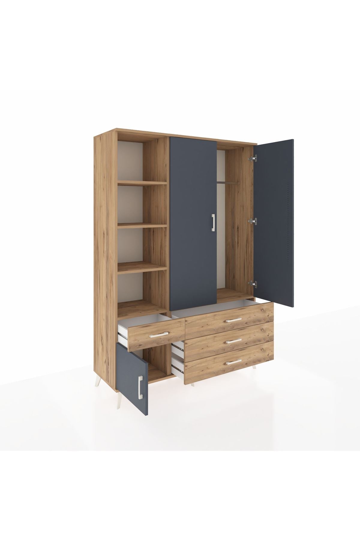 Hyperion Dolap 5 Raflı 4 Çekmeceli Tek Askılı 132x44x195 Çam-Antrasit/Çam