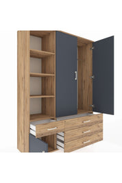 Hyperion Dolap 5 Raflı 4 Çekmeceli Tek Askılı 132x44x195 Çam-Antrasit/Çam