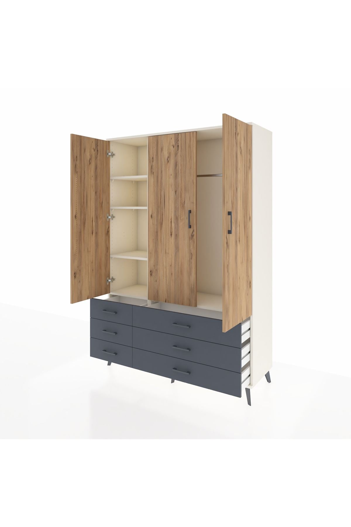 Hyperion Dolap 5 Raflı 6 Çekmeceli Tek Askılı 132x44x195 Aytaşı-Çam/Antrasit