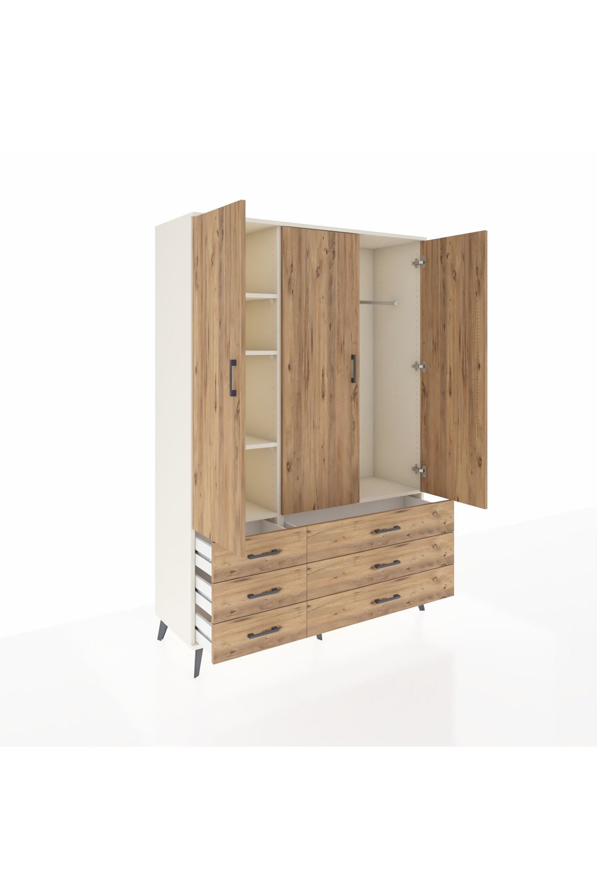 Hyperion Dolap 5 Raflı 6 Çekmeceli Tek Askılı 132x44x195 Aytaşı-Çam/Çam