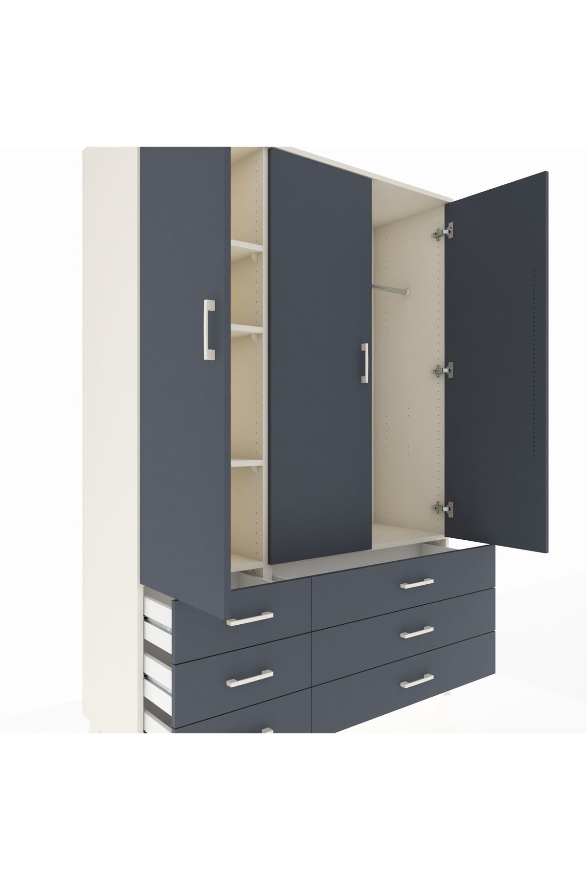 Hyperion Dolap 5 Raflı 6 Çekmeceli Tek Askılı 132x44x195 Aytaşı-Antrasit/Antrasit