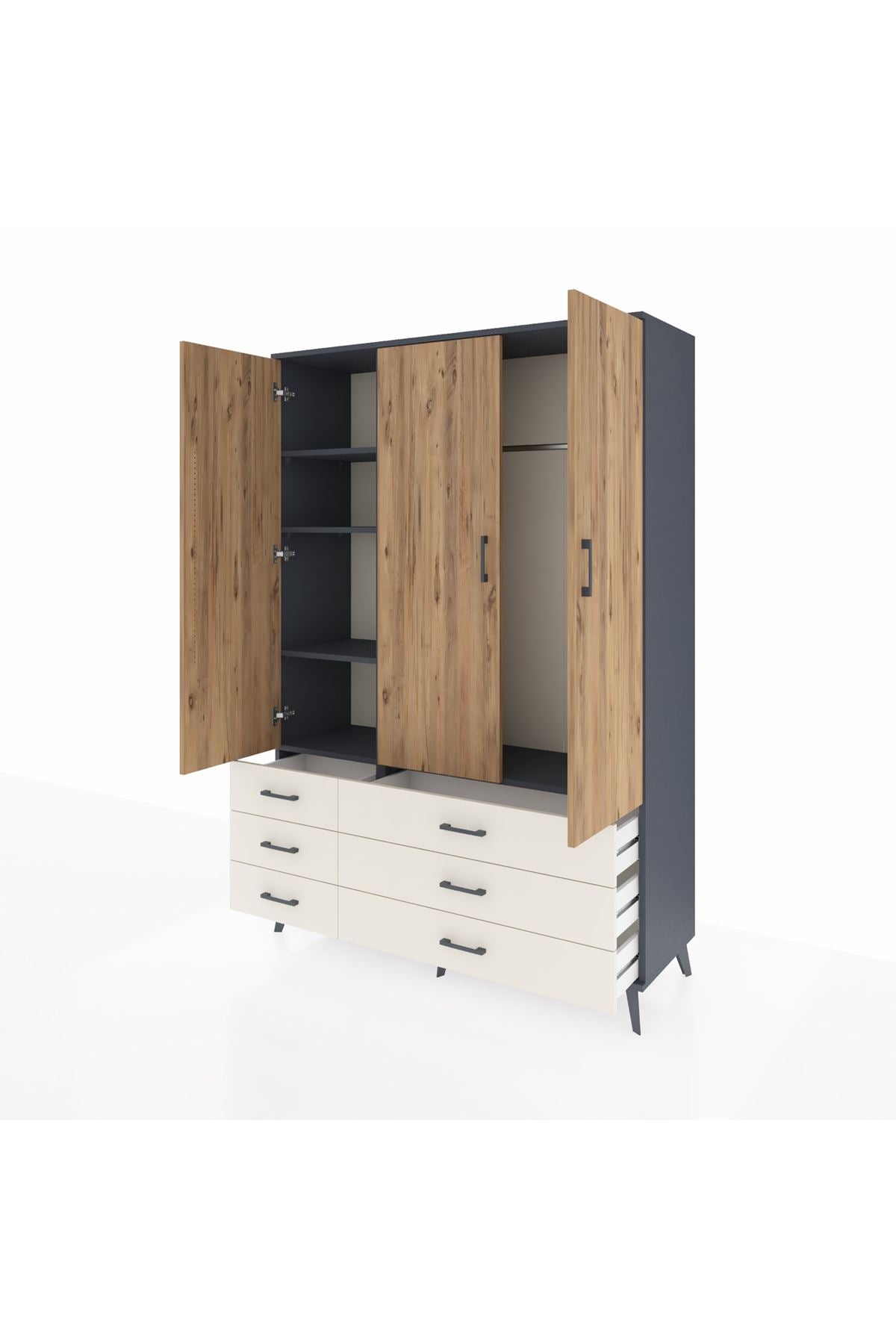 Hyperion Dolap 5 Raflı 6 Çekmeceli Tek Askılı 132x44x195 Antrasit-Çam/Aytaşı