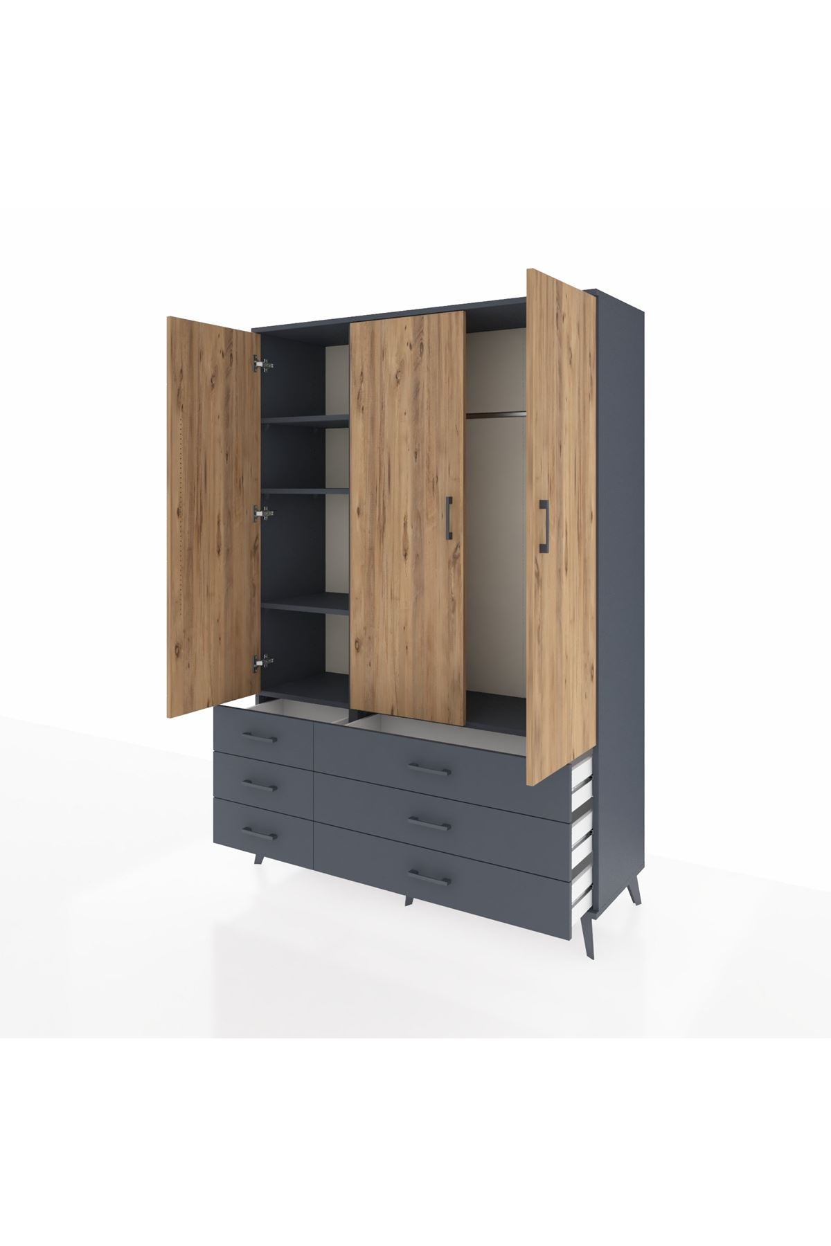 Hyperion Dolap 5 Raflı 6 Çekmeceli Tek Askılı 132x44x195 Antrasit-Çam/Antrasit