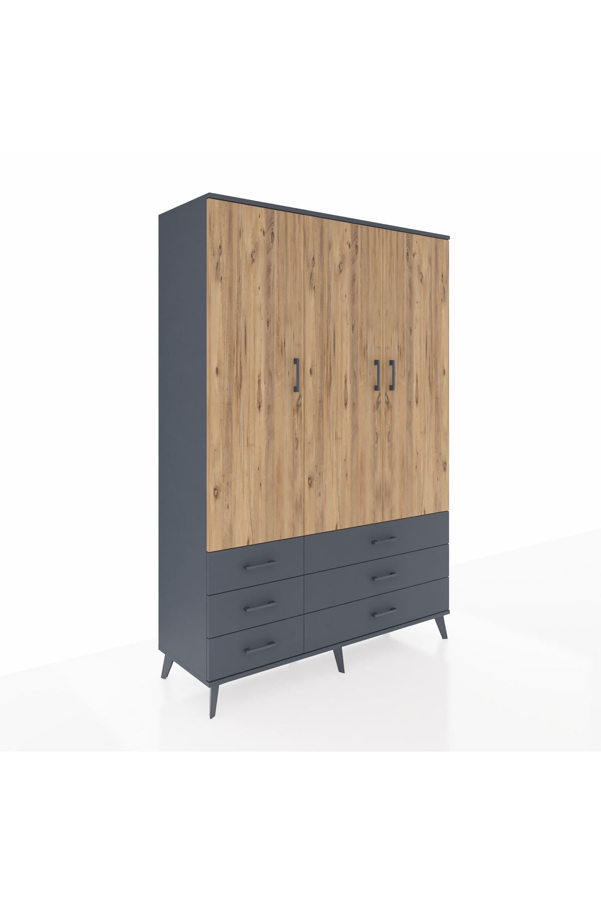 Hyperion Dolap 5 Raflı 6 Çekmeceli Tek Askılı 132x44x195 Antrasit-Çam/Antrasit